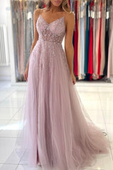 Shimmers Pink Spaghettistraps Sleeveless Column Tulle Floor-Length Prom Evening Dresses with Beadings