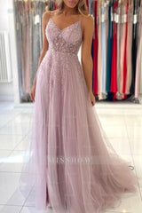 Shimmers Pink Spaghettistraps Sleeveless Column Tulle Floor-Length Prom Evening Dresses with Beadings