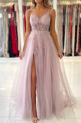 Shimmers Pink Spaghettistraps Sleeveless Column Tulle Floor-Length Prom Evening Dresses with Beadings