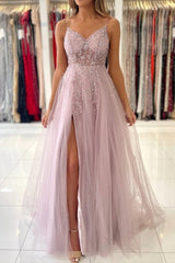 Shimmers Pink Spaghettistraps Sleeveless Column Tulle Floor-Length Prom Evening Dresses with Beadings