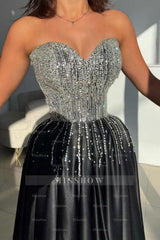 Shining Black Sweetheart A-line Beaded Sleeveless Long Satin Evening Dresses With Slit
