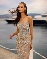 Shining Champagne Column Strapless Sweetheart Sleeveless Sequined Long Tulle Prom Dresses