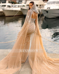 Shining Champagne Column Strapless Sweetheart Sleeveless Sequined Long Tulle Prom Dresses