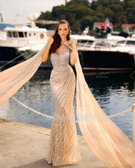 Shining Champagne Column Strapless Sweetheart Sleeveless Sequined Long Tulle Prom Dresses
