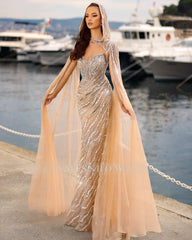 Shining Champagne Column Strapless Sweetheart Sleeveless Sequined Long Tulle Prom Dresses