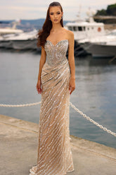 Shining Champagne Column Strapless Sweetheart Sleeveless Sequined Long Tulle Prom Dresses