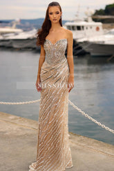 Shining Champagne Column Strapless Sweetheart Sleeveless Sequined Long Tulle Prom Dresses