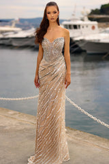 Shining Champagne Column Strapless Sweetheart Sleeveless Sequined Long Tulle Prom Dresses