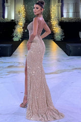 Shining Champagne Mermaid Spaghetti Strap Sequined Sleeveless Long Prom Dress With Slit