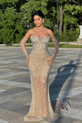 Shining Champagne Mermaid Strapless Sleeveless Beaded Tulle Long Prom Dress With Rhinestones