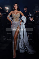 Shining Column Sweetheart Sleeveless Sequined Split Front Long Tulle Evening Dresses With Rhinestones