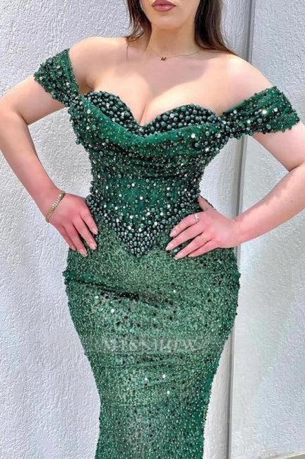 Shining Green Mermaid Sweetheart Beaded Off-The-Shoulder Sleeveless Evening Dresses With Pearls