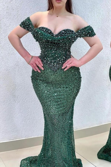Shining Green Mermaid Sweetheart Beaded Off-The-Shoulder Sleeveless Evening Dresses With Pearls