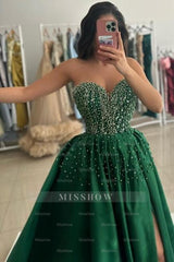 Shining Green Sweetheart Strapless Sleeveless Beaded A-Line Satin Split Front Prom Evening Dresses With Pearls And Rhinestones