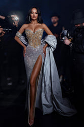 Silver sweetheart rhinestone column prom dress