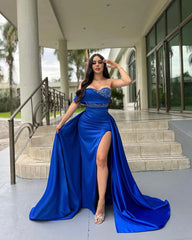 Shining Royal Blue One Shoulder Sleeveless Long Split Formal Dress With Beading