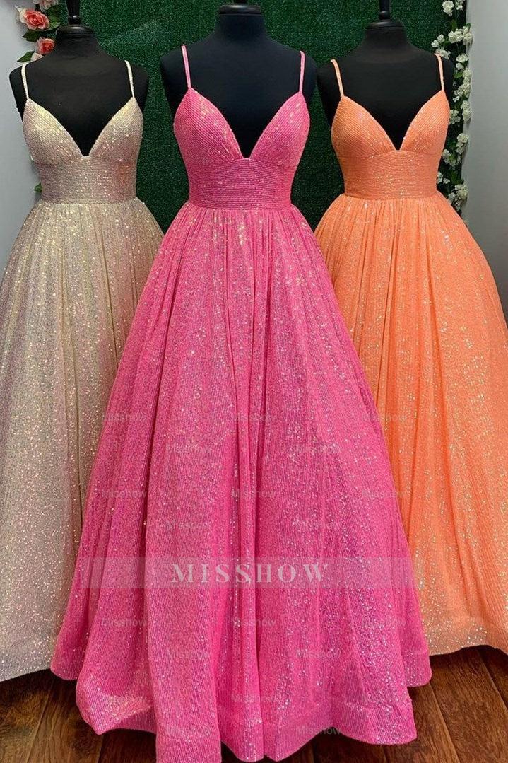 Shining Sequins V-Neck Spaghetti Strap Sleeveless Long A Line Formal Dress