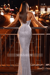 Shining Silver Mermaid Sweetheart Sequined Sleeveless Floor-Length Tulle Prom Dresses