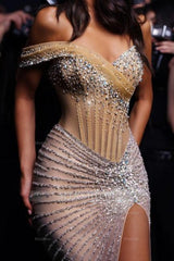 Shining Sweetheart Mermaid One-Shoulder Sleeveless Beaded Sequined Tulle Prom Dresses With High Slit