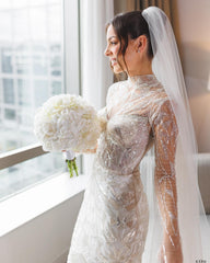 Shining White Mermaid High-Neck Long Sleeves Beaded Sweep Train Tulle Wedding Dress With Sequins