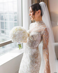 Shining White Mermaid High-Neck Long Sleeves Beaded Sweep Train Tulle Wedding Dress With Sequins
