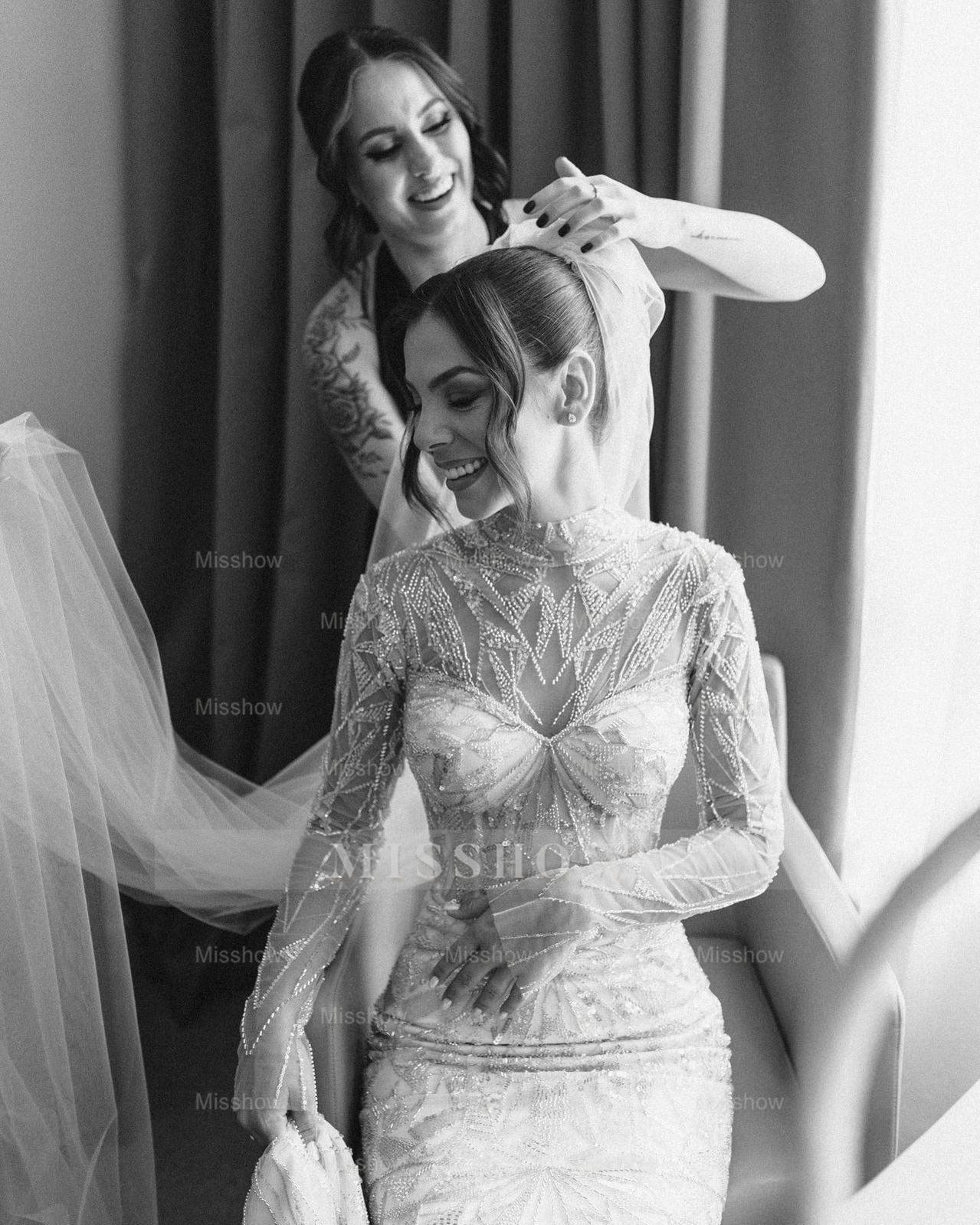 Shining White Mermaid High-Neck Long Sleeves Beaded Sweep Train Tulle Wedding Dress With Sequins