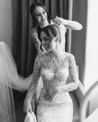 Shining White Mermaid High-Neck Long Sleeves Beaded Sweep Train Tulle Wedding Dress With Sequins