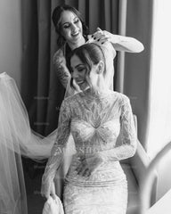 Shining White Mermaid High-Neck Long Sleeves Beaded Sweep Train Tulle Wedding Dress With Sequins