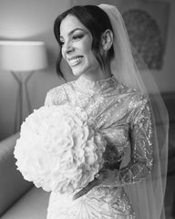 Shining White Mermaid High-Neck Long Sleeves Beaded Sweep Train Tulle Wedding Dress With Sequins