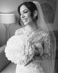 Shining White Mermaid High-Neck Long Sleeves Beaded Sweep Train Tulle Wedding Dress With Sequins