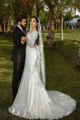 Shining White Mermaid Square Long Sleeves Sequined Lace Sweep Train Long Tulle Wedding Dresses
