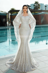 Shining White Mermaid Square Long Sleeves Sequined Lace Sweep Train Long Tulle Wedding Dresses