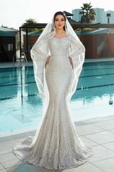 Shining White Mermaid Square Long Sleeves Sequined Lace Sweep Train Long Tulle Wedding Dresses