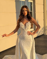 Shining White Mermaid V-Neck Sleeveless Beaded Floor-Length Panel Train Satin Wedding Dress