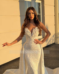 Shining White Mermaid V-Neck Sleeveless Beaded Floor-Length Panel Train Satin Wedding Dress