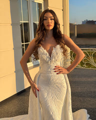Shining White Mermaid V-Neck Sleeveless Beaded Floor-Length Panel Train Satin Wedding Dress