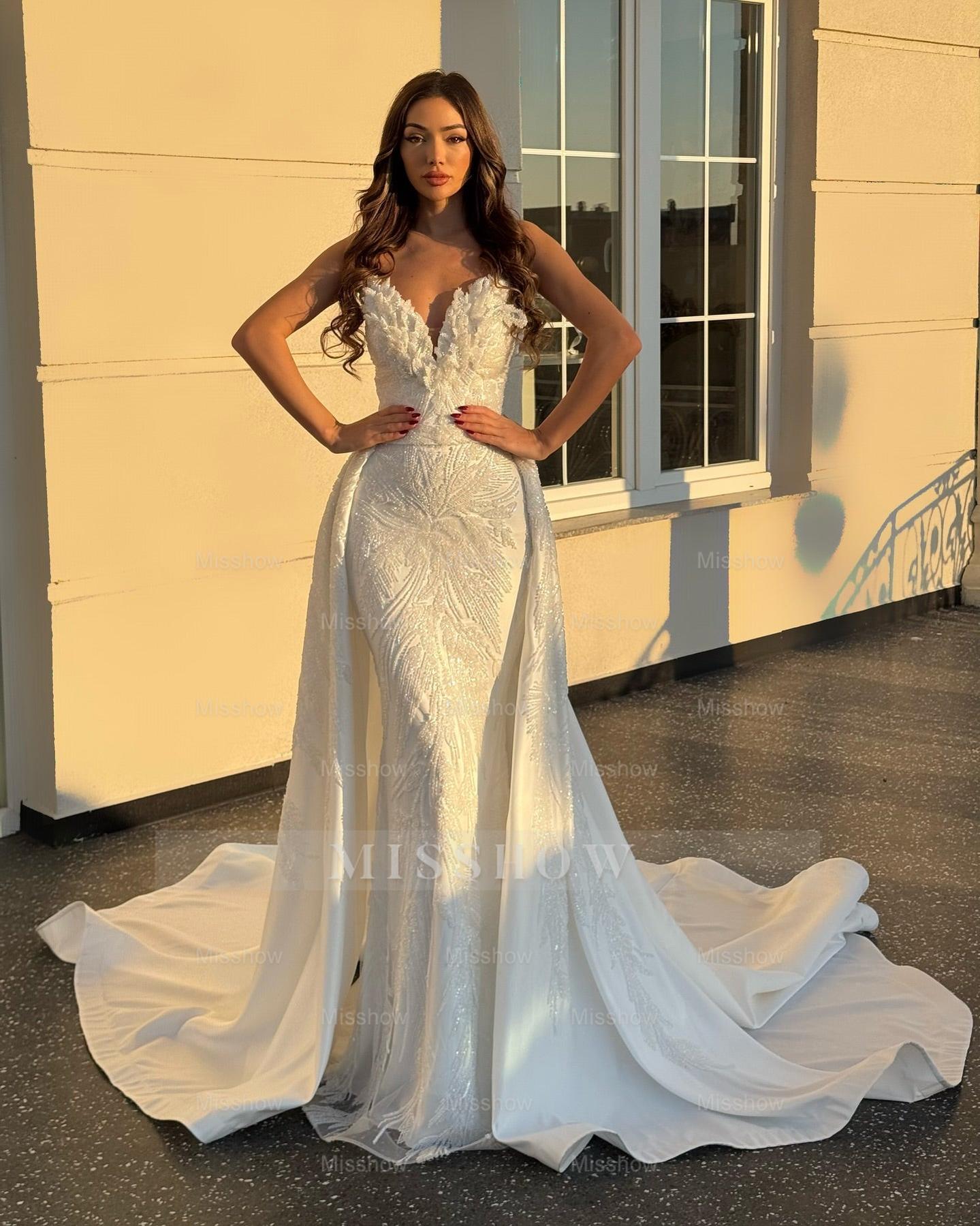 Shining White Mermaid V-Neck Sleeveless Beaded Floor-Length Panel Train Satin Wedding Dress