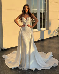 Shining White Mermaid V-Neck Sleeveless Beaded Floor-Length Panel Train Satin Wedding Dress