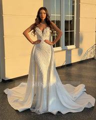 Shining White Mermaid V-Neck Sleeveless Beaded Floor-Length Panel Train Satin Wedding Dress