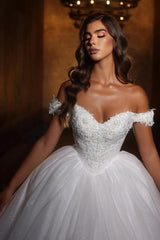 Shining White Sweetheart Off-the-shoulder Sequined Ball Gown Princess Wedding Dress With Appliques