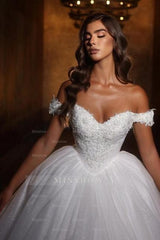 Shining White Sweetheart Off-the-shoulder Sequined Ball Gown Princess Wedding Dress With Appliques