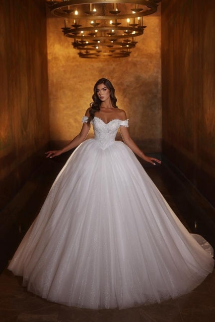 Shining White Sweetheart Off-the-shoulder Sequined Ball Gown Princess Wedding Dress With Appliques
