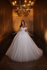Shining White Sweetheart Off-the-shoulder Sequined Ball Gown Princess Wedding Dress With Appliques