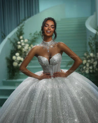 Shining White Sweetheart Sequined Sleeveless Ball Gown Cathedral Train Tulle Wedding Dresses