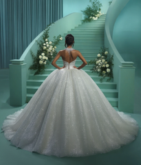 Shining White Sweetheart Sequined Sleeveless Ball Gown Cathedral Train Tulle Wedding Dresses