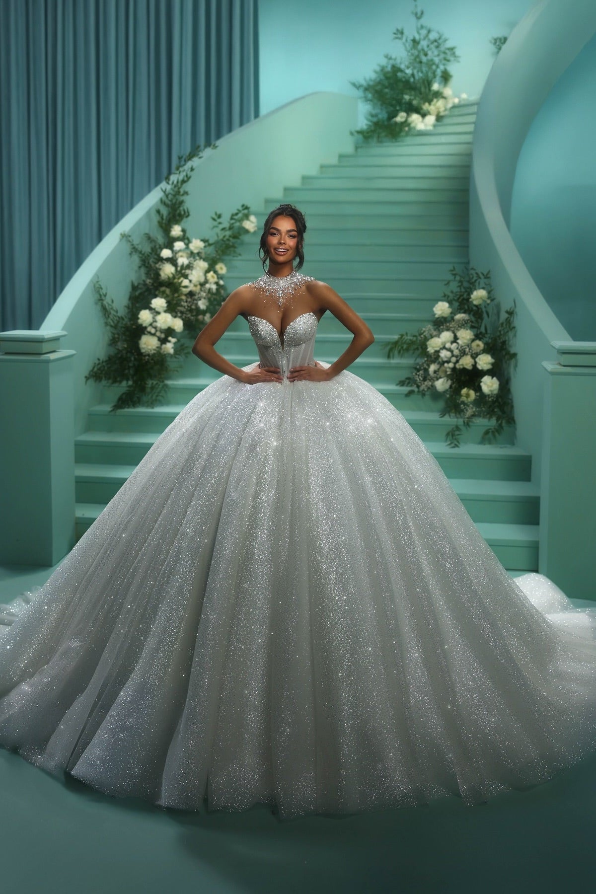 Shining White Sweetheart Sequined Sleeveless Ball Gown Cathedral Train Tulle Wedding Dresses