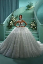 Shining White Sweetheart Sequined Sleeveless Ball Gown Cathedral Train Tulle Wedding Dresses