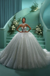 Shining White Sweetheart Sequined Sleeveless Ball Gown Cathedral Train Tulle Wedding Dresses