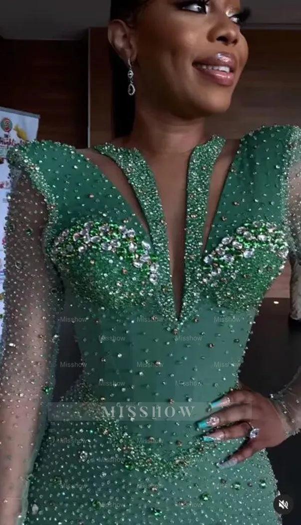 Shinning Applique Long Sleeves Green Mermaid Floor Length Formal Dress