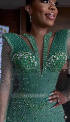 Shinning Applique Long Sleeves Green Mermaid Floor Length Formal Dress
